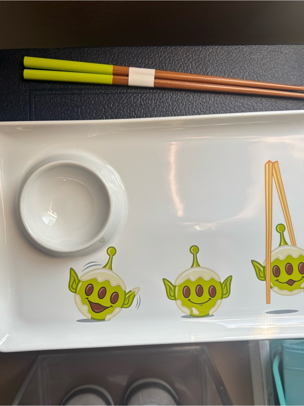 Disney White Sushi Plate with Lime Green Toy Story Aliens